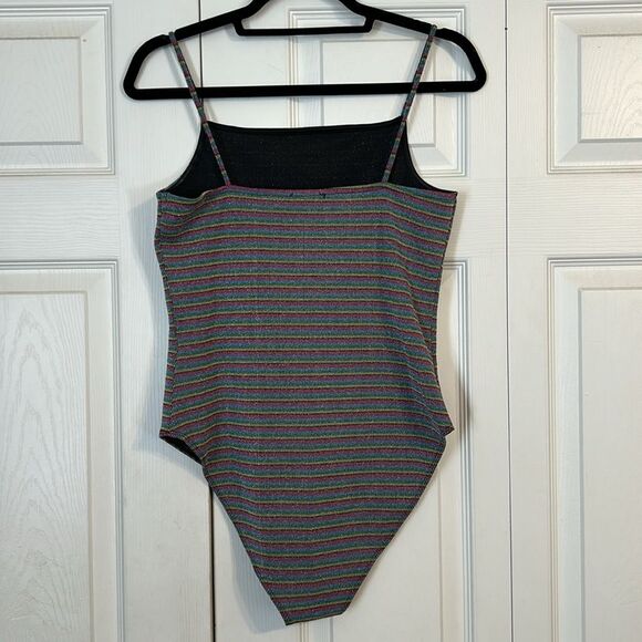 TOPSHOP Size 10 Rainbow Pink Blue Metallic Stretch Bodysuit Square Neckline - Picture 4 of 8